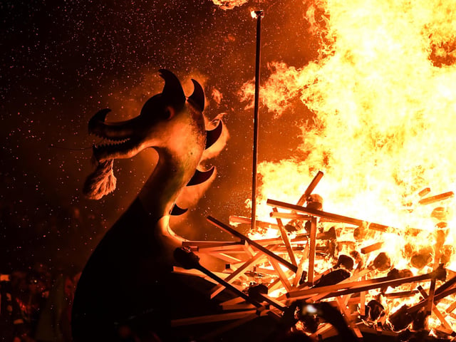 Flames race up a Viking longboat at the heart of the Up Helly Aa festival at the height of celebrations. Picture: Andy Buchanan/AFP via Getty Images