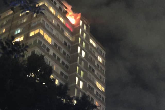Handout photo taken with permission from the twitter feed of @AkashDe69028264 showing a fire at a tower block on Westbridge Road in Battersea, south-west London.