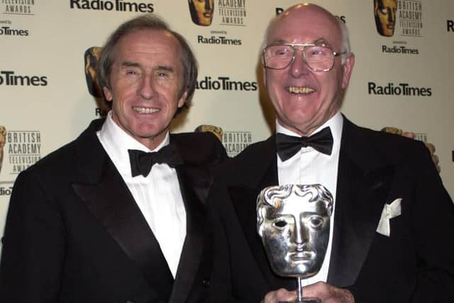 Murray Walker (right) with Sir Jackie Stewart after receiving a special award for his contribution to British Television at the British Academy Television Awards in 2002.