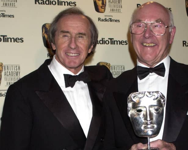 Murray Walker (right) with Sir Jackie Stewart after receiving a special award for his contribution to British Television at the British Academy Television Awards in 2002.