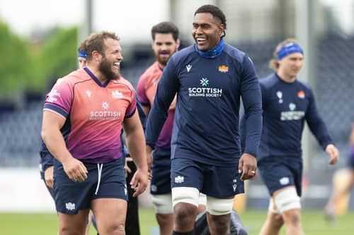 Pierre Schoeman (L) and Viliame Mata (R) during an Edinburgh rugby training session at Hive.