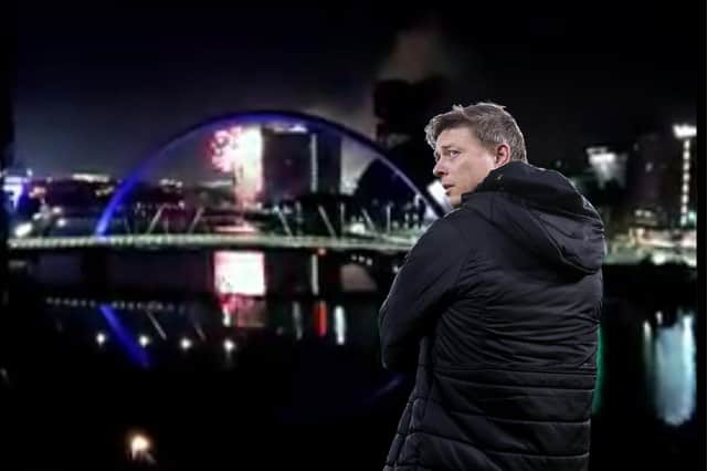A screenshot from a video on social media showing the fireworks and, inset, Malmö boss Jon Dahl Tomasson