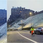Snow falls in Scotland against a backdrop of Edinburgh Castle as Storm Eunice sweeps across the UK