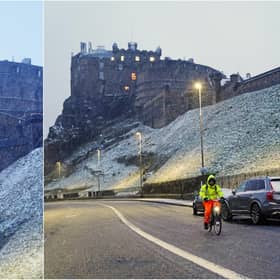 Snow falls in Scotland against a backdrop of Edinburgh Castle as Storm Eunice sweeps across the UK