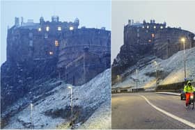 Snow falls in Scotland against a backdrop of Edinburgh Castle as Storm Eunice sweeps across the UK