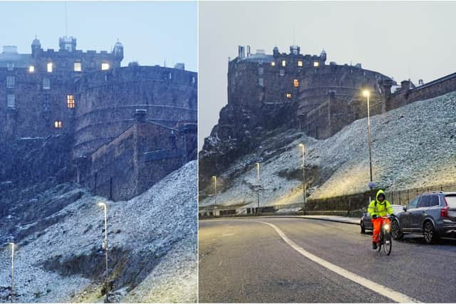 Snow falls in Scotland against a backdrop of Edinburgh Castle as Storm Eunice sweeps across the UK