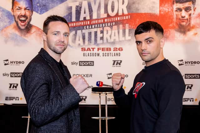 Josh Taylor (left) and Jack Catterall face off during the press conference ahead of their fight at the Ovo Hydro on February 26. (Photo by Alan Rennie / SNS Group)