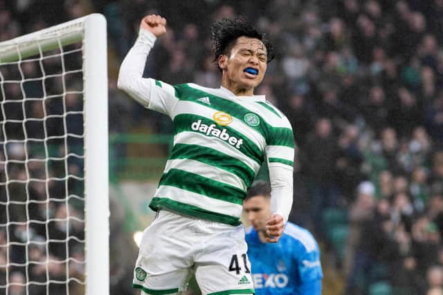 Celtic's Reo Hatate shows his delights over bagging a double on an afternoon when he proved an irrepressible presence as Aberdeen were rolled over 4-0. (Photo by Craig Williamson / SNS Group)