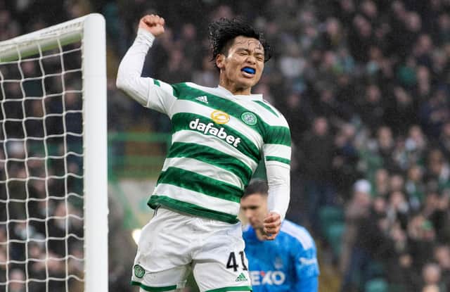 Celtic's Reo Hatate shows his delights over bagging a double on an afternoon when he proved an irrepressible presence as Aberdeen were rolled over 4-0. (Photo by Craig Williamson / SNS Group)