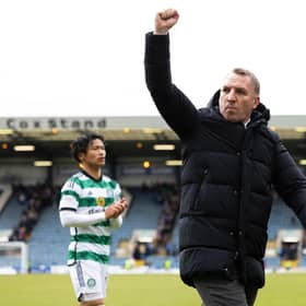 Celtic manager Brendan Rodgers celebrates at full time after the 2-1 win over Dundee. (Photo by Ross Parker / SNS Group)
