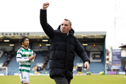 Celtic manager Brendan Rodgers celebrates at full time after the 2-1 win over Dundee. (Photo by Ross Parker / SNS Group)