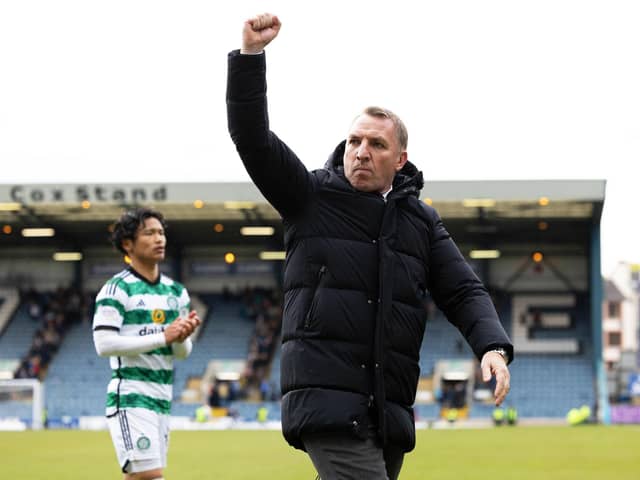 Celtic manager Brendan Rodgers celebrates at full time after the 2-1 win over Dundee. (Photo by Ross Parker / SNS Group)