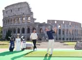 Team Captains Luke Donald of England and Zach Johnson of The United States pose for a photograph with the Ryder Cup Trophy at the Colosseum during the Ryder Cup 2023 Year to Go Media Event on October 04, 2022 in Rome.