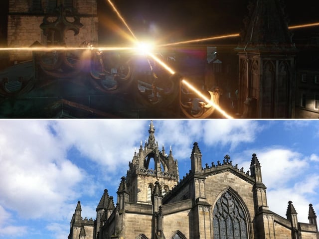 Vision and Corvus Glaive continue to fight it out on the roof of Giles Cathedral on the other side of the Mile. They smash each other into the wall, breaking apart stones that are almost a thousand years old. Vision does considerably more damage when he unleashes his laser, which blasts through the roof of the cathedral and even reaches the Mercat Cross in the square below, where Wanda and Proxima Midnight are still fighting.