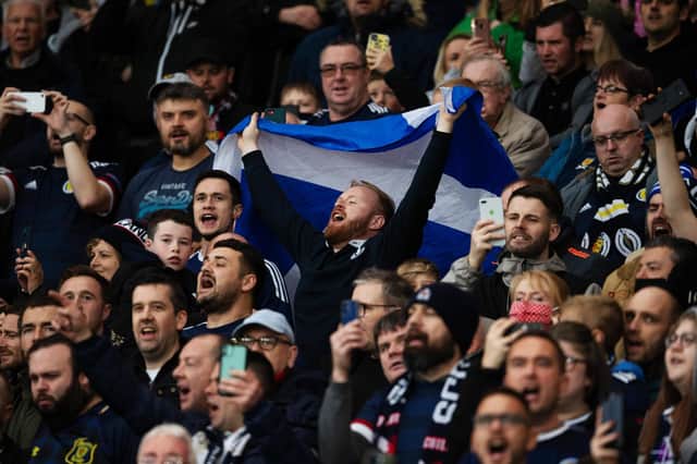 Scotland fans celebrate during a FIFA World Cup Qualifier between Scotland and Israel at Hampden Park, on October 09 , 2021, in Glasgow, Scotland. (Photo by Craig Foy / SNS Group)
