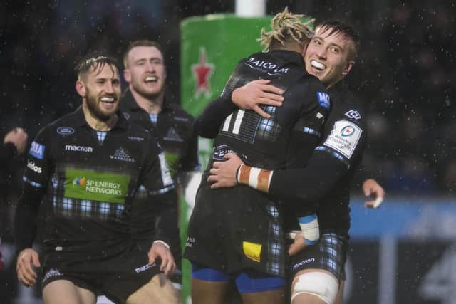 Celebrations for Matt Fagerson and Niko Matawalu the last time Glasgow Warriors and Lyon met. Glasgow won 21-10. Picture: Gary Hutchison/SNS