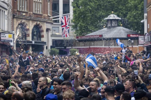 Thousands of Scotland fans gathered in London's Leicester Square ahead of the England vs Scotland game at Wembley stadium (Picture: Rob Pinney/Getty Images)