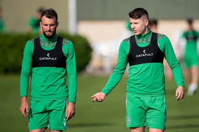 Hibs boss Jack Ross recognises the value of strikers Christian Doidge (left) and Kevin Nisbet, who he hopes will recover from a muscle strain in time for Saturday's match against Dundee United. Photo by Paul Devlin / SNS Group
