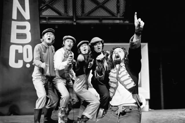 The Offshore Theatre Company, including Kenny Ireland (chorus, right), Bill Paterson (chorus, 2nd right) and Billy Connolly (in front), presented The Great Northern Welly Boot Show at the Waverley Market during the 1972 Edinburgh Festival Fringe 1972. Picture: Denis Straughan