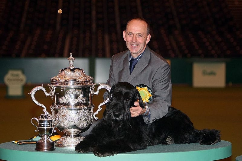 Owner Kevin Cullent and his Giant Schnauzer called Jafrak Phillipe Oilivier pose with the 2008 Best in Show trophy.