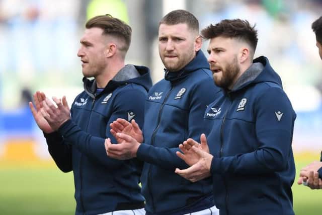 Scotland's Stuart Hogg, Finn Russell and Ali Price (L-R) during the Six Nations match at the Stadio Olimpico. The trio were half of a group of six disciplined in the aftermath of the match and squad's return to Scotland. (Photo by Ross MacDonald / SNS Group)