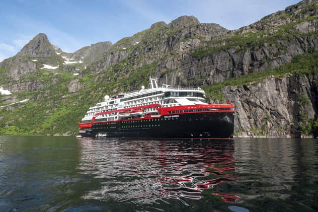 Hurtigruten's MS Fridtjof Nansen, on which single-use-plastics are banned and plant-based meals are served. Food is largely sourced from local suppliers to minimize transport emissions, and there is a commitment to reduce food waste by up to 30% in 2021.