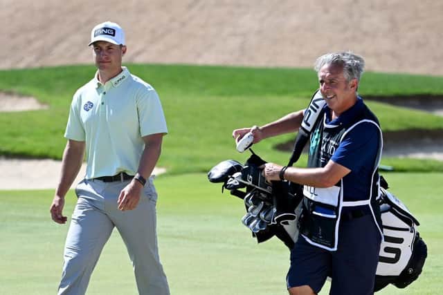 Calum Hill and caddie Phil Morbey during the Saudi International powered by SoftBank Investment Advisers at Royal Greens Golf and Country Club in King Abdullah Economic City. Picture: Ross Kinnaird/Getty Images.