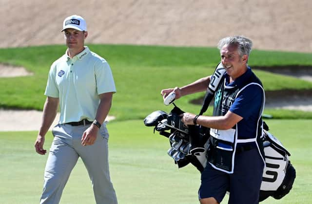 Calum Hill and caddie Phil Morbey during the Saudi International powered by SoftBank Investment Advisers at Royal Greens Golf and Country Club in King Abdullah Economic City. Picture: Ross Kinnaird/Getty Images.