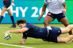 Scotland's Finlay Doyle scores a try during a World Rugby U20 Trophy match against Samoa at Hive Stadium, on July 02, 2024, in Edinburgh, Scotland. (Photo by Ross Parker / SNS Group for World Rugby)