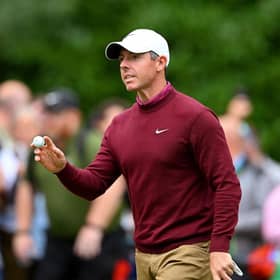 Rory McIlroy acknowledges the crowd on the 14th green during day four of the BMW PGA Championship at Wentworth Club. PIcture: Ross Kinnaird/Getty Images.