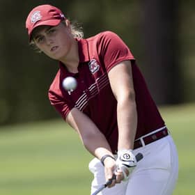 Hannah Darling chips to the 14th green during round one of the Augusta National Women's Amateur at Champions Retreat Golf Club. Picture: Chloe Knott/Augusta National.
