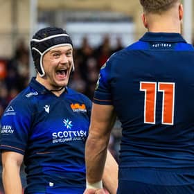 Darcy Graham, left, celebrates with Duhan van der Merwe after the latter's second try in the 34-21 win over Castres in the EPCR Challenge Cup.  (Photo by Ross Parker / SNS Group)