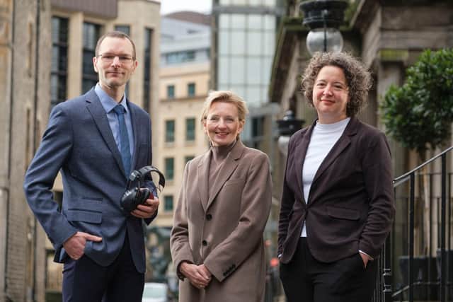 Niki McKenzie, joint managing director at Archangels (centre) with Dr Claudia Freigang and Dr Colin Horne, the founders of Hearing Diagnostics. Picture: Mike Wilkinson