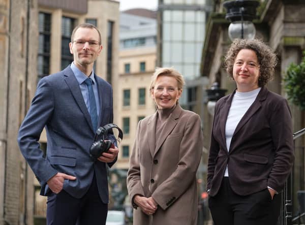 Niki McKenzie, joint managing director at Archangels (centre) with Dr Claudia Freigang and Dr Colin Horne, the founders of Hearing Diagnostics. Picture: Mike Wilkinson