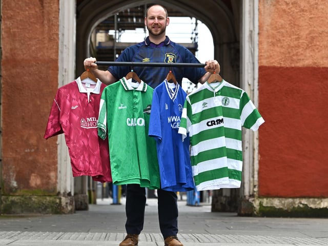 Ciaran Gold, head of retail at Classic Football Shirts holds 4 classic shirts from clubs (Heart, Hibs, Celtic and Rangers) that will compete in this years Scottish Cup semi final.
The world’s biggest football shirt collection returns to Scotland