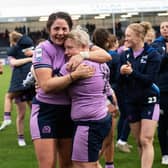Christine Belisle and Lana Skeldon celebrate Scotland's win over Italy.