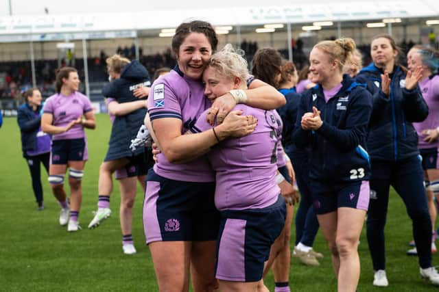 Christine Belisle and Lana Skeldon celebrate Scotland's win over Italy.