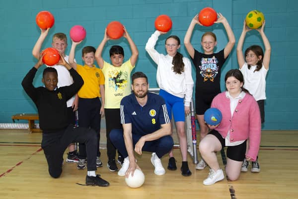 Craig Gordon is pictured visiting the Camstradden primary school to take part in a Learning Through Football programme, on May 30, 2023, in Glasgow, Scotland.  (Photo by Alan Harvey / SNS Group)
