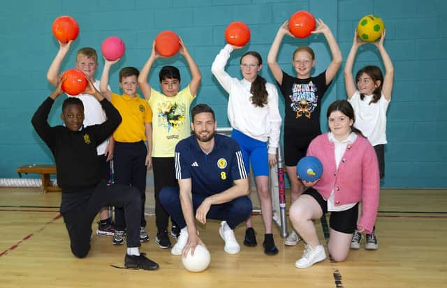 Craig Gordon is pictured visiting the Camstradden primary school to take part in a Learning Through Football programme, on May 30, 2023, in Glasgow, Scotland.  (Photo by Alan Harvey / SNS Group)