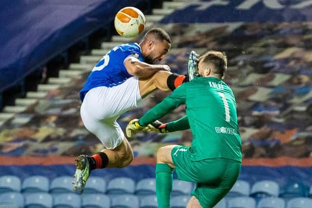 Kemar Roofe's challenge on Slavia Prague goalkeeper Ondrej Kolar which saw the Rangers forward sent off just six minutes after coming on as a substitute. (Photo by Alan Harvey / SNS Group)