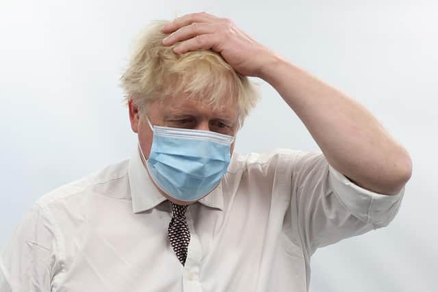 British Prime Minister Boris Johnson gestures as he visits Finchley Memorial Hospital in North London. Picture: Ian Vogler/AFP via Getty Images