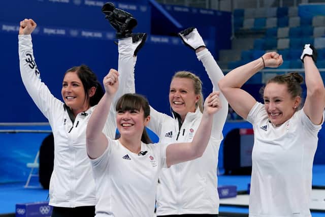 Great Britain's Eve Muirhead (left), Hailey Duff, Vicky Wright and Jennifer Dodds celebrate victory.