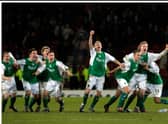 Hibs players -including Stephen Dobbie, second from left - celebrate their penalty shoot-out victory over Rangers in the 2004 League Cup semi-final ... Pic Donald MacLeod 05.02.04