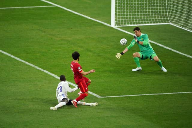 Real Madrid goalkeeper Thibault Courtois made a series of fine saves, the best being this one from Mo Salah.