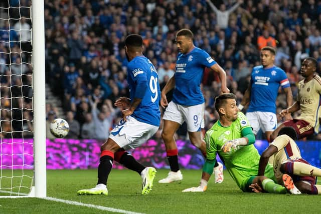 Cyriel Dessers scores Rangers' second in the 2-1 win over Servette in the Champions League third qualifying round first leg tie at Ibrox on Wednesday.  (Photo by Alan Harvey / SNS Group)