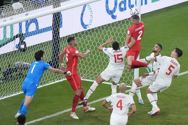 Canada's Alistair Johnston came so close to scoring in the match against Morocco.