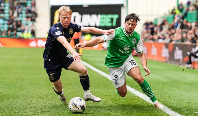 Hibs' Lewis Stevenson tries to get past Dundee's Lyall Cameron during the 0-0 draw at Easter Road.
