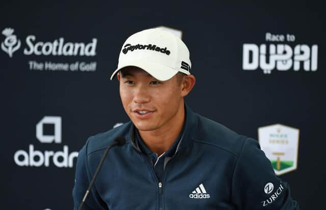 Collin Morikawa speaks at a press conference prior to the abrdn Scottish Open at The Renaissance Club. Picture: Mark Runnacles/Getty Images.