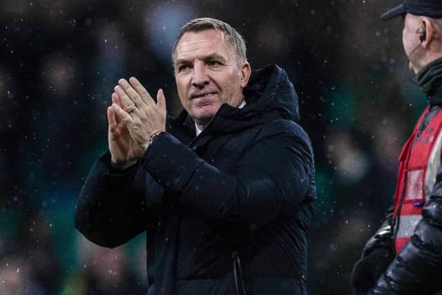 Celtic manager Brendan Rogders applauds fans at full time after the 7-1 win over Dundee. (Photo by Craig Williamson / SNS Group)