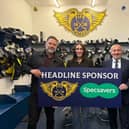 Max Birbraer, GM of the Fife Flyers, Stephanie Stroud, Commercial Coordinator of the Fife Flyers and Gary Wood, dispensing director at Specsavers Glenrothes